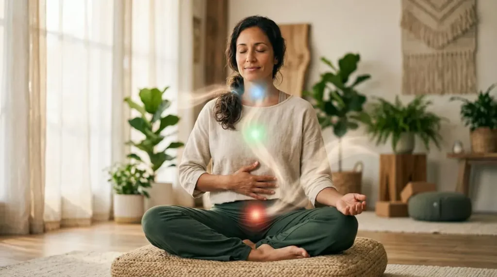 Person practicing deep diaphragmatic breathing with subtle chakra energy highlights for relaxation and nervous system balance.