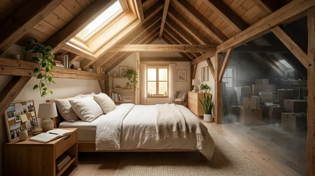 Organized attic bedroom in command position with natural light and symbolic energy flow contrasted with a cluttered attic representing mental fog.
