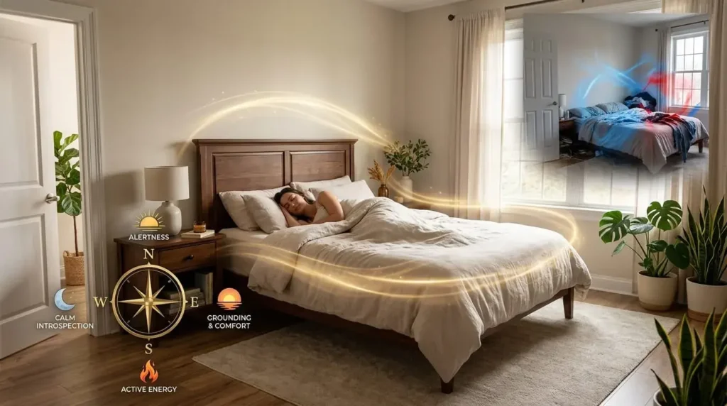 Feng shui bedroom with bed in command position, solid headboard, visible doorway, and compass directions for sleep orientation.