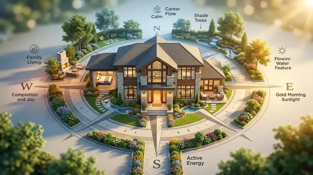 House surrounded by compass directions showing south, north, east, and west feng shui energies with sunlight and symbolic room placements.