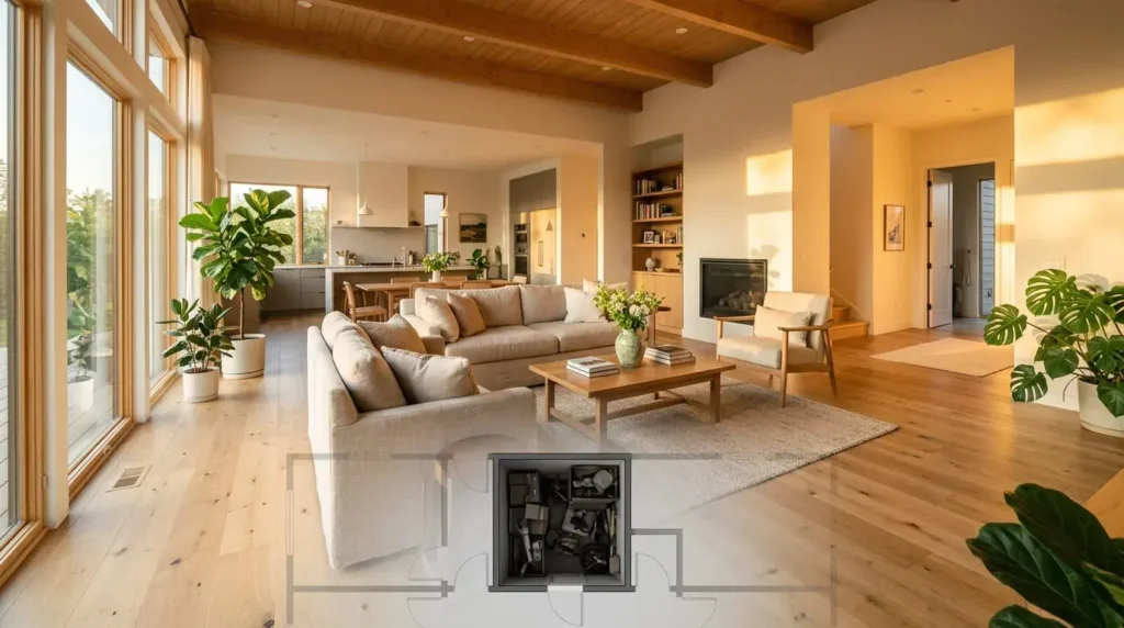 Central living room filled with light and balanced energy contrasted with a cluttered storage area in the middle of a home.