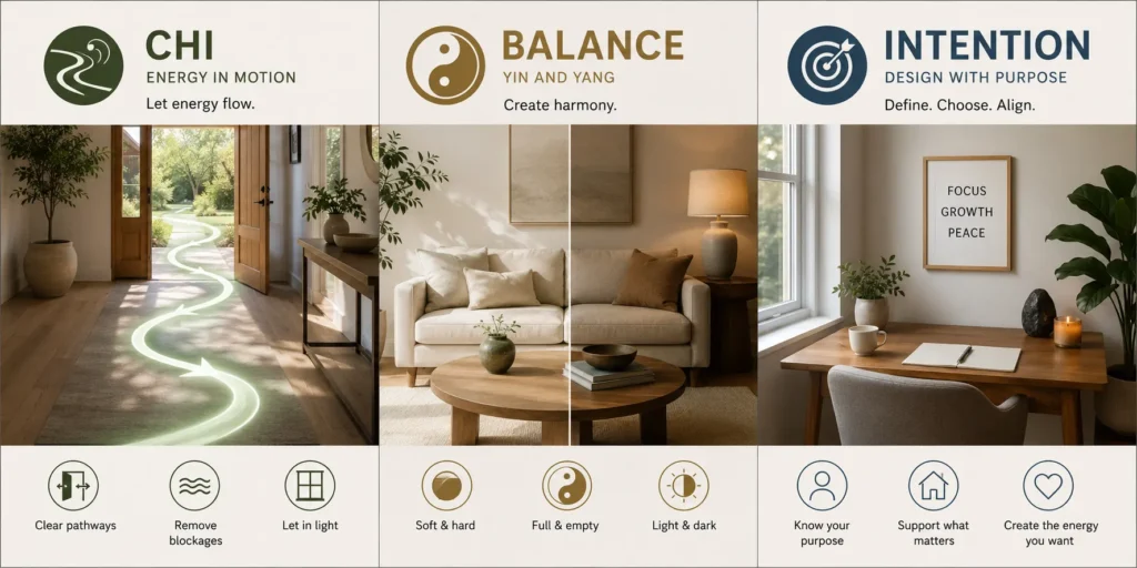 Three-part feng shui infographic illustrating chi energy flow, balance through yin and yang, and intention-driven room design.