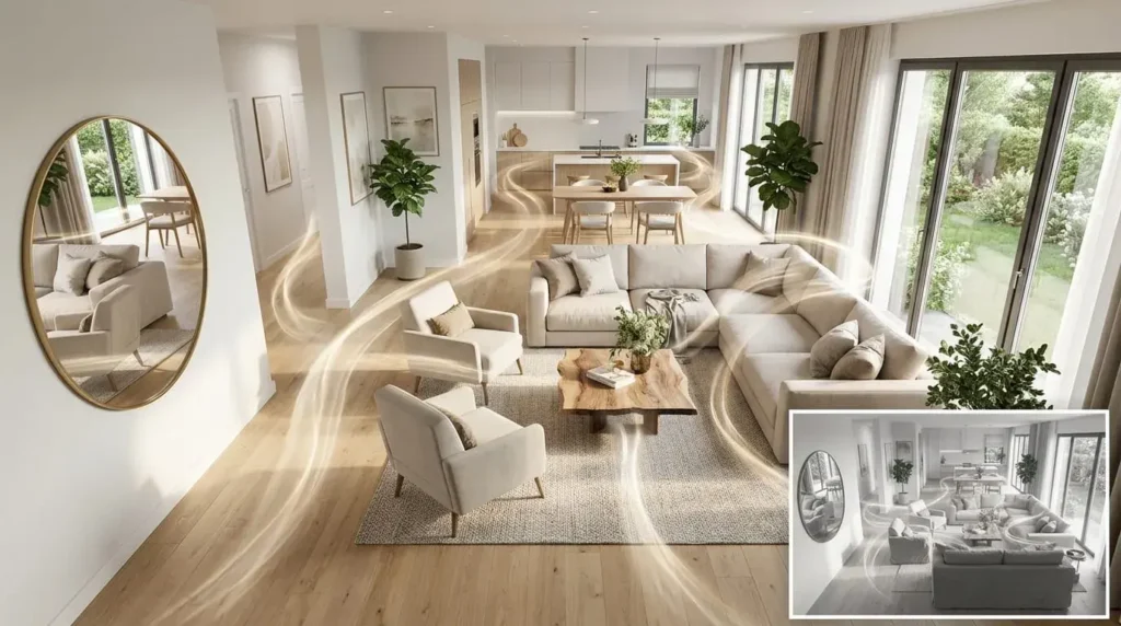 Feng shui living room with open pathways, conversation seating arrangement, balanced mirror placement, and flowing chi energy.
