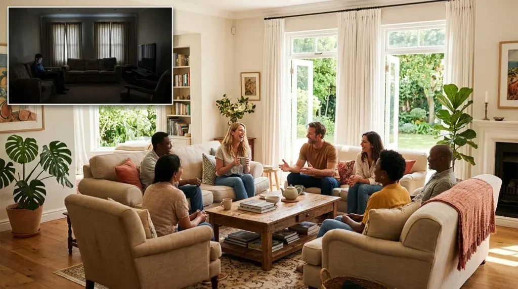 Bright feng shui living room with conversation seating groups, open windows, natural light, and harmonious social interaction.