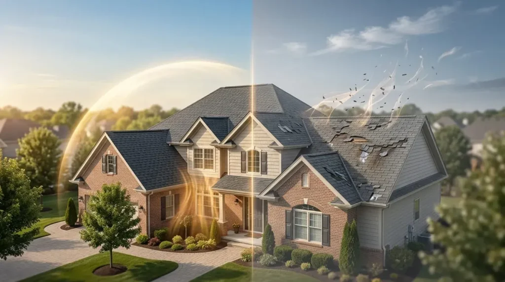 Well-maintained roof protecting a home with golden energy shield contrasted with a damaged roof dispersing chi in a feng shui illustration.