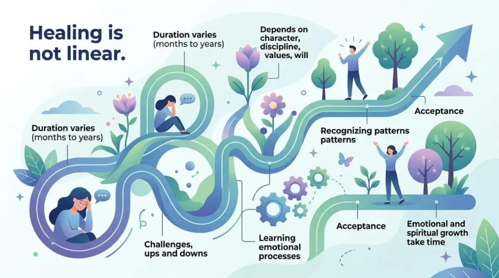 Modern infographic showing the stages, challenges, and milestones of a non-linear healing journey.
