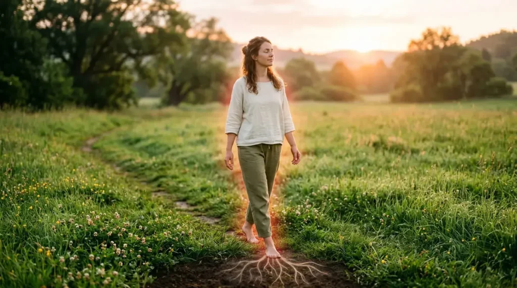 Person walking barefoot on grass with symbolic roots extending into the earth, representing grounding and Root Chakra healing.