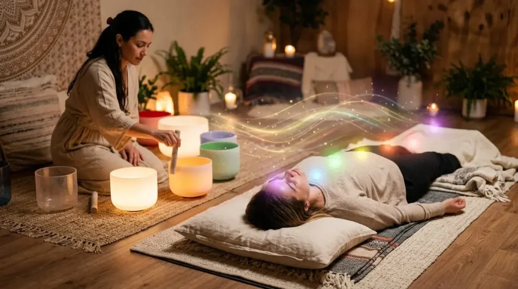 Person receiving a sound healing session with singing bowls and glowing chakra energy centers.