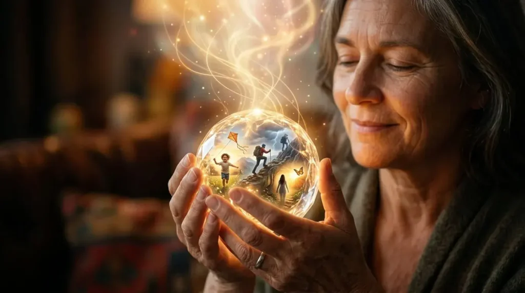 Person holding a glowing sphere containing life memories connected to spiritual healing and emotional growth.