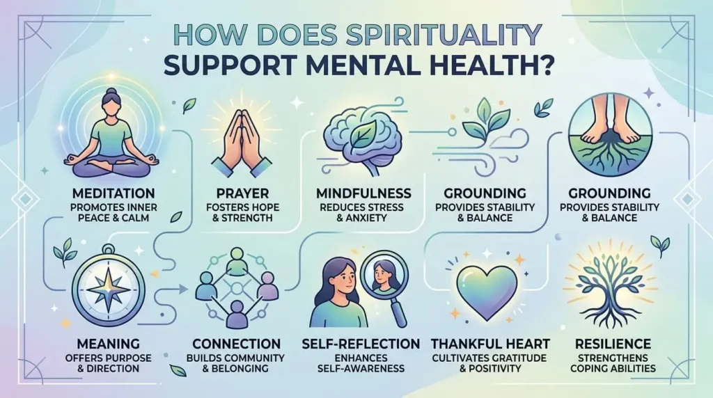 Infographic showing seven ways spirituality supports mental health, including mindfulness, resilience, gratitude, connection, and emotional well-being.