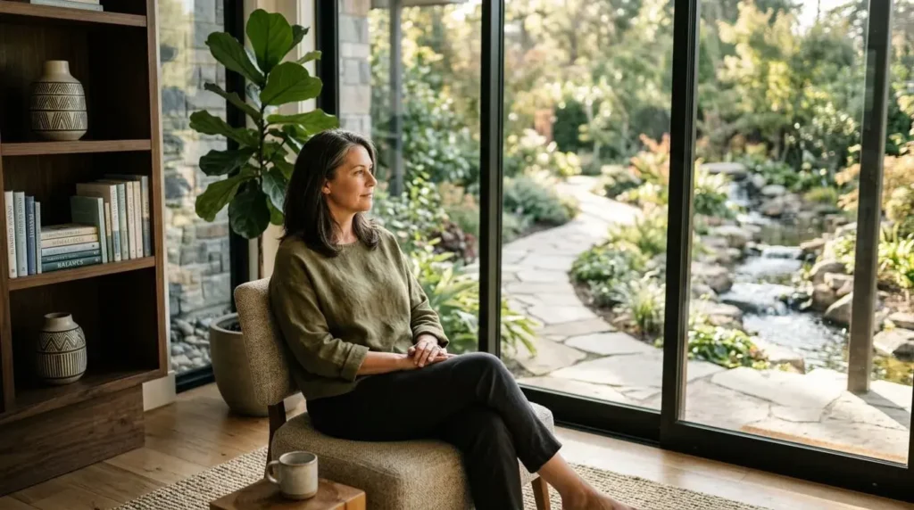 Reflective person exploring the difference between spirituality and religion while seeking emotional balance and personal meaning.