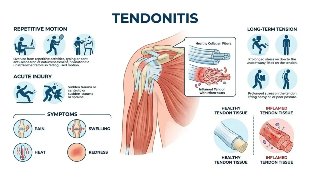 Medical infographic showing tendon anatomy, causes of tendonitis, and common symptoms including pain and swelling.