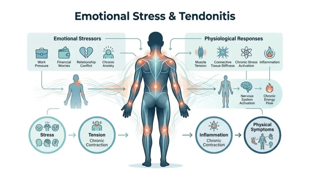 Infographic showing how emotional stress can lead to muscle tension, chronic stress responses, and inflammation in the body.