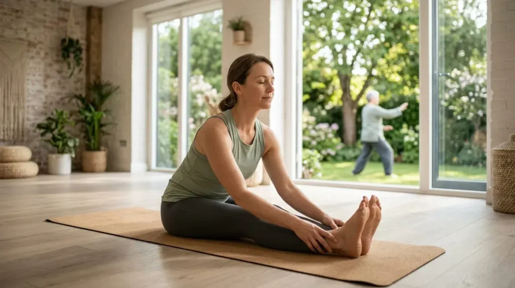 Person practicing gentle yoga with Tai Chi movements in the background to support flexibility, relaxation, and healing.