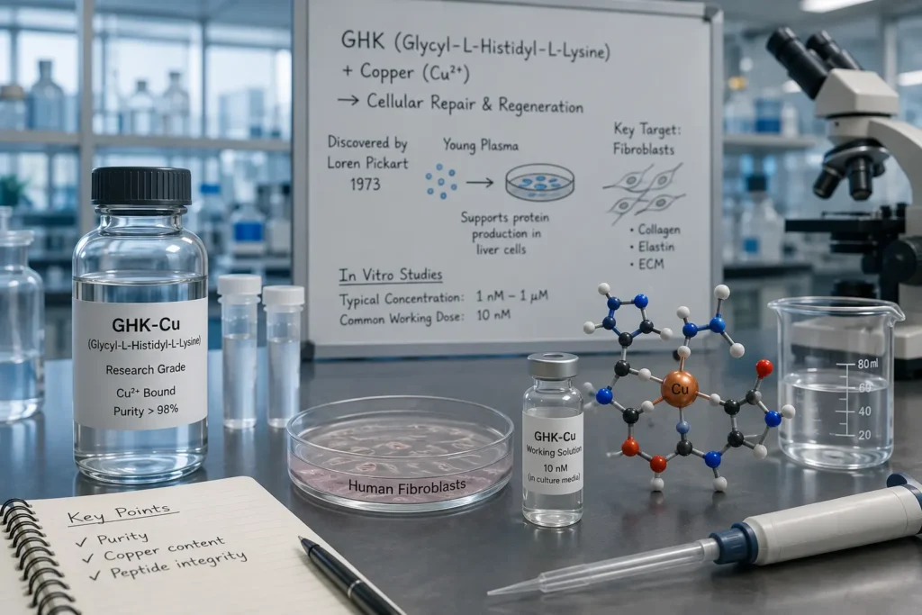 Scientist studying GHK-Cu peptide in human fibroblast cell cultures using sterile laboratory equipment and molecular biology techniques.