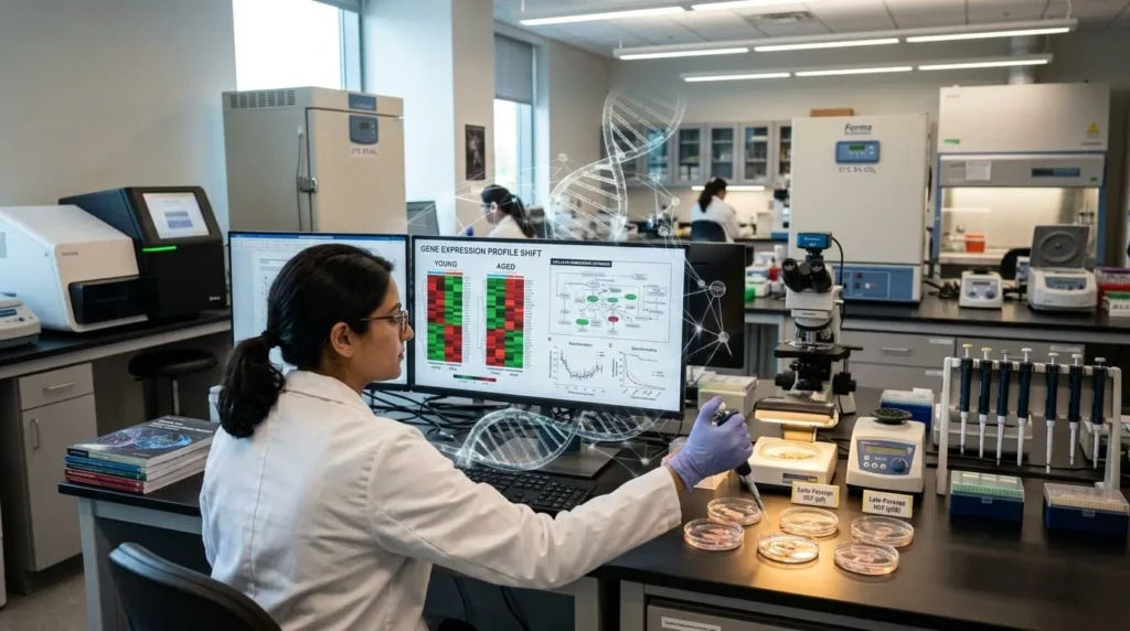 Scientist analyzing gene expression data from aging human fibroblast cells during GHK-Cu laboratory research using bioinformatics and molecular biology tools.