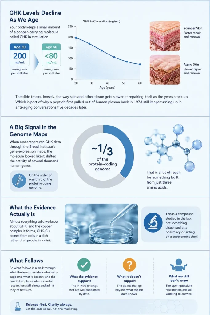 Scientific infographic showing age-related GHK decline, gene expression research, laboratory studies of GHK-Cu, and the difference between laboratory evidence and proven human clinical results.