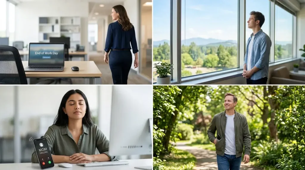 Four-panel collage showing healthy micro-break activities including leaving a desk, looking into the distance, deep breathing, and walking without a smartphone.
