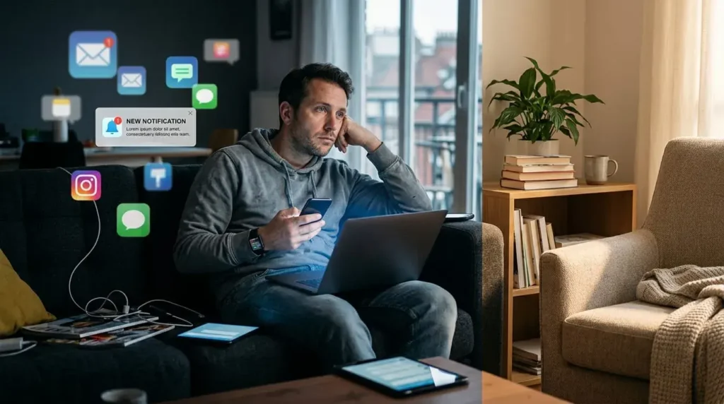Exhausted person surrounded by digital devices and notifications, contrasted with a peaceful device-free space.