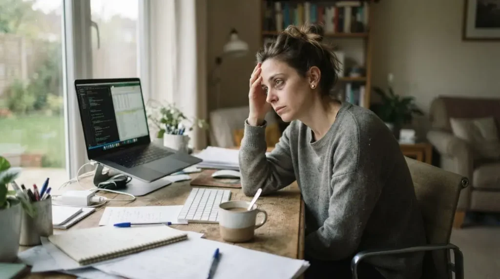 Person experiencing mental fatigue while sitting at a desk with a tired expression.