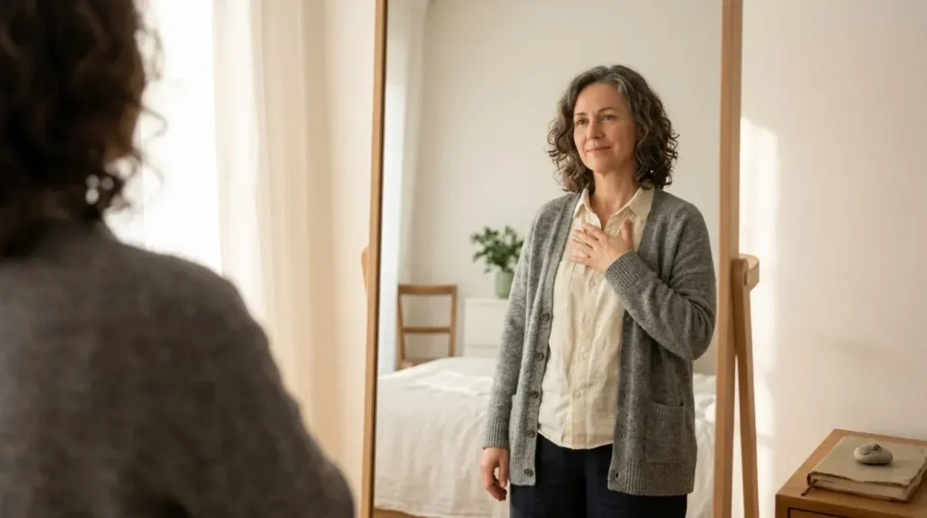 Person looking compassionately at themselves in a mirror, symbolizing self-acceptance and emotional healing.