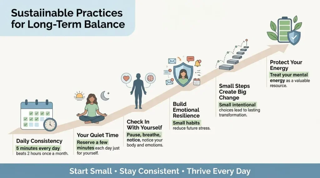 Infographic showing daily habits for maintaining emotional balance, reducing stress, and building long-term mental resilience.