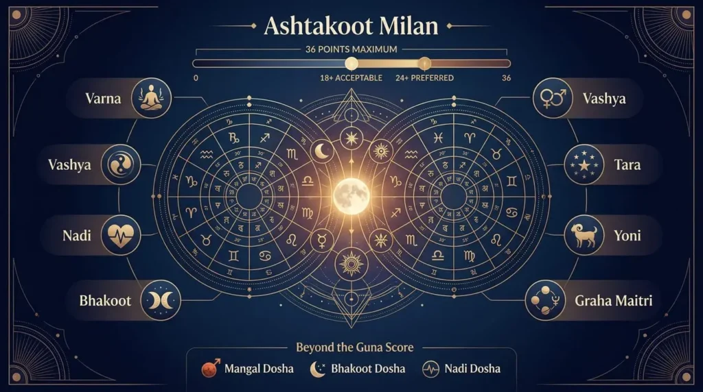 Infographic showing the eight Gunas of Ashtakoot Milan, the 36-point compatibility score, and key kundli matching doshas.