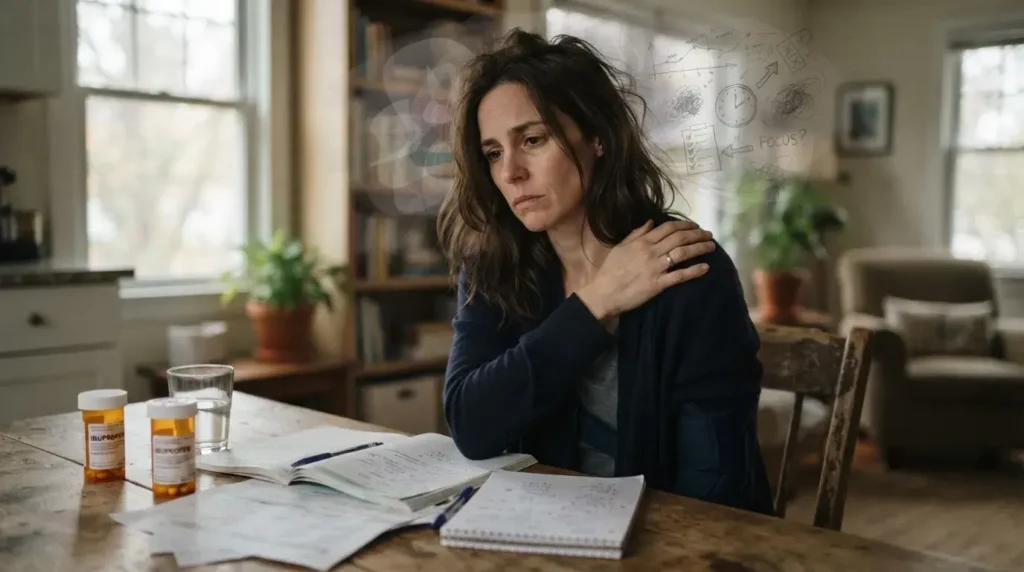 Person experiencing chronic pain and mental exhaustion during recovery from a serious injury.