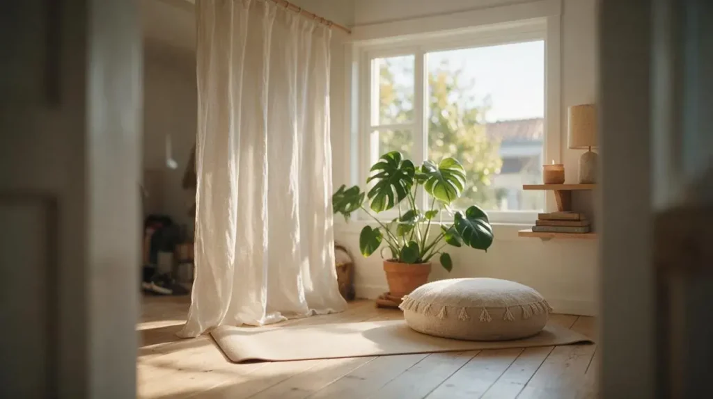 Minimalist meditation corner near a sunny window with a yoga mat, plant, and privacy curtain in a peaceful home.