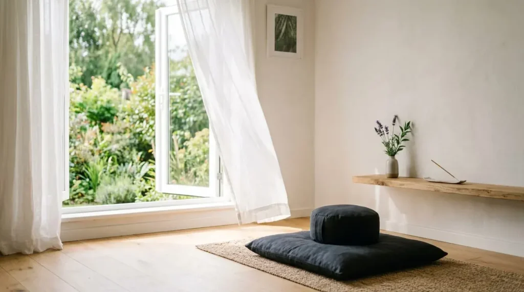 Bright meditation room with an open window, fresh air, lavender, and a minimalist meditation setup.