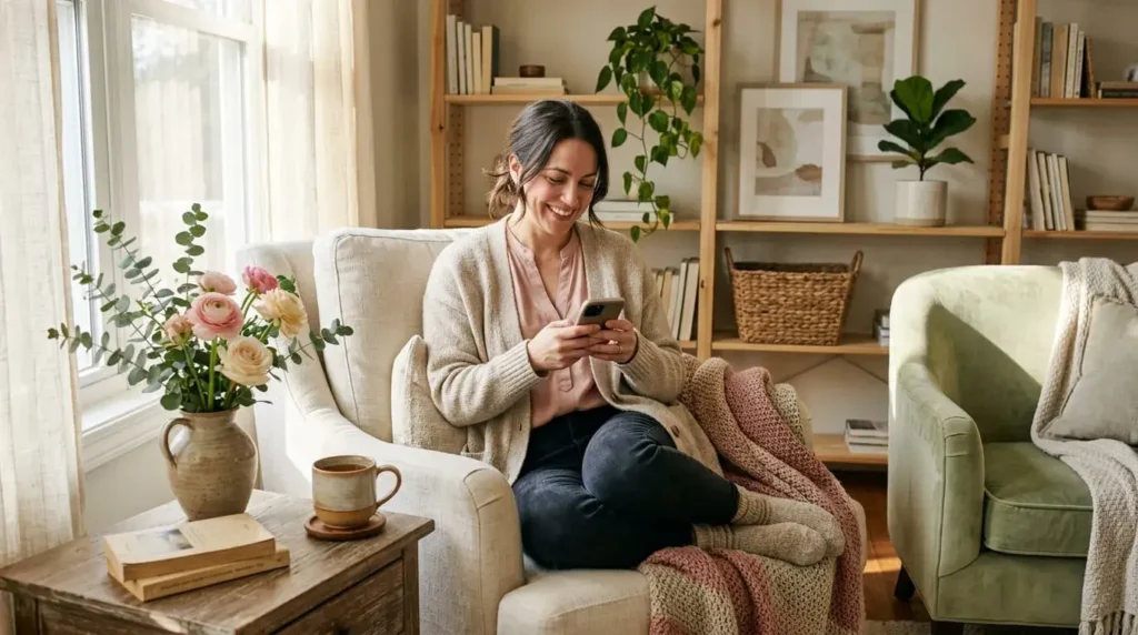 Person smiling while reading a heartfelt message in a cozy, beautifully decorated home that symbolizes Heart Chakra connection and self-worth.