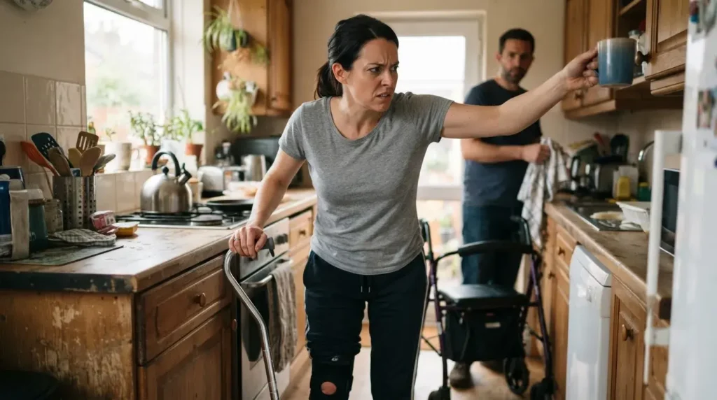 Person recovering from an injury struggling with a daily task while a family member offers support.