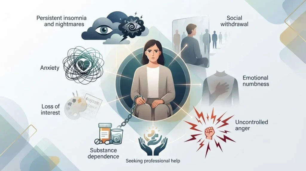 Conceptual infographic illustrating warning signs of emotional and psychological distress after a serious injury.