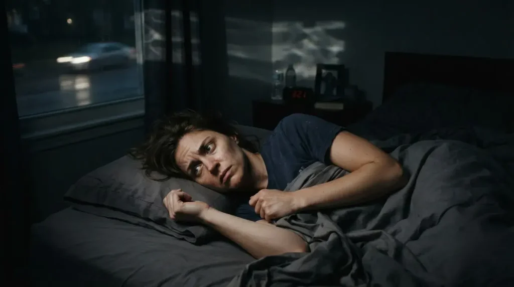 Person lying awake at night experiencing hypervigilance and anxiety after a traumatic injury.
