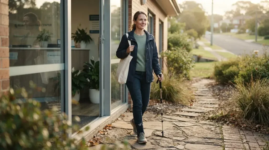 Person gradually rebuilding confidence and everyday life after recovering from serious physical and emotional trauma.