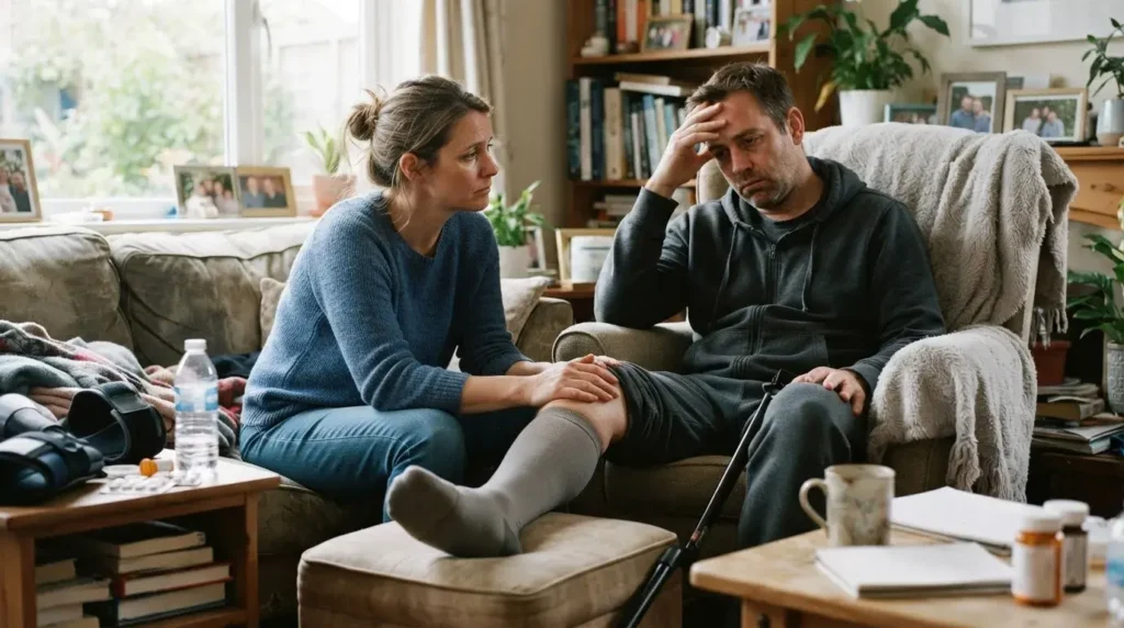 Couple coping with caregiving responsibilities and emotional strain after a serious injury.