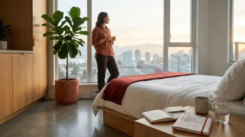 Person standing in a calm, organized home with a journal, planner, and morning sunlight, representing Root Chakra stability and grounding.