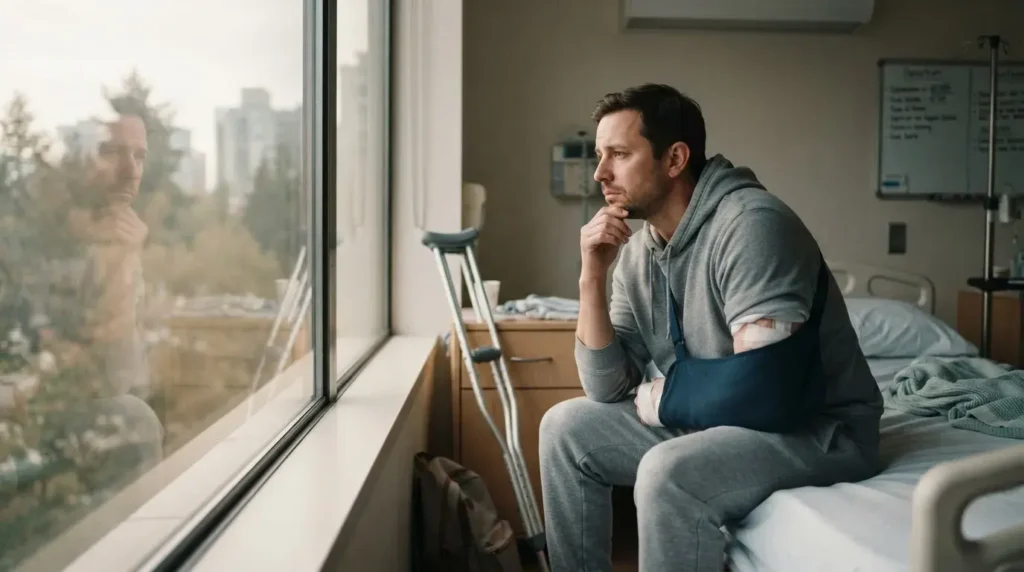 Person recovering from a serious injury sitting in a hospital room and experiencing emotional distress.