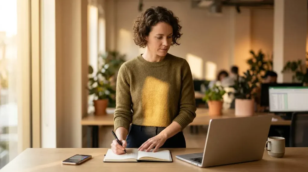 Confident person focusing on one important task in a bright workspace, symbolizing Solar Plexus Chakra confidence and purposeful action.
