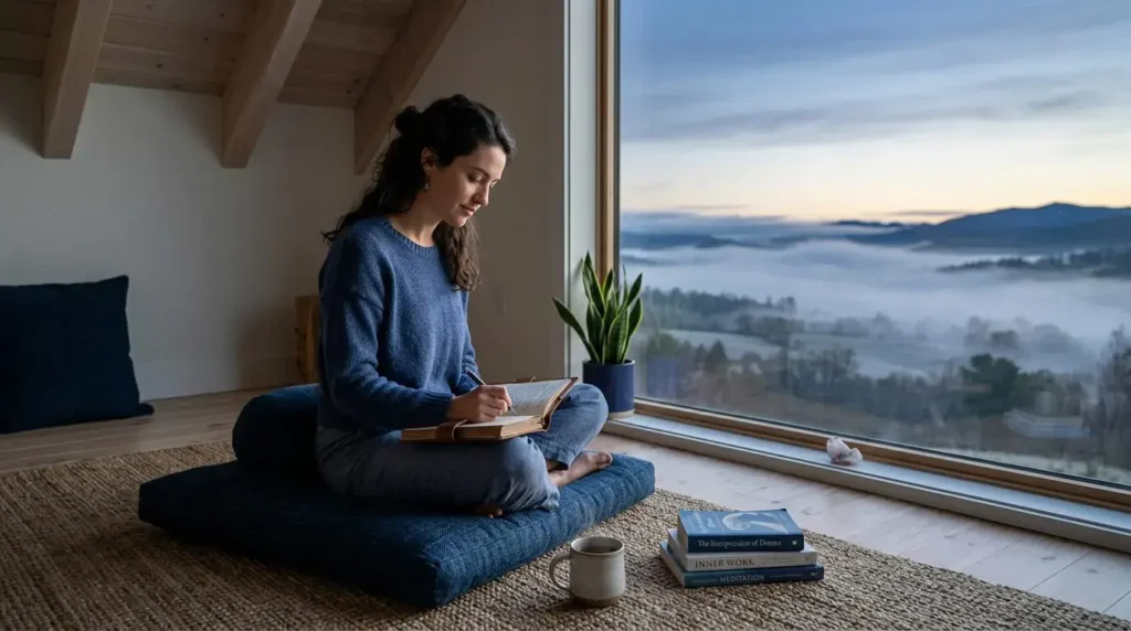 Person journaling beside a misty window at sunrise, symbolizing Third Eye Chakra intuition, reflection, and growing clarity.