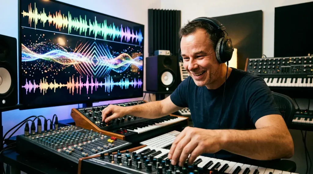 Music producer immersed in creating a breakbeat track surrounded by abstract sound-reactive visuals.