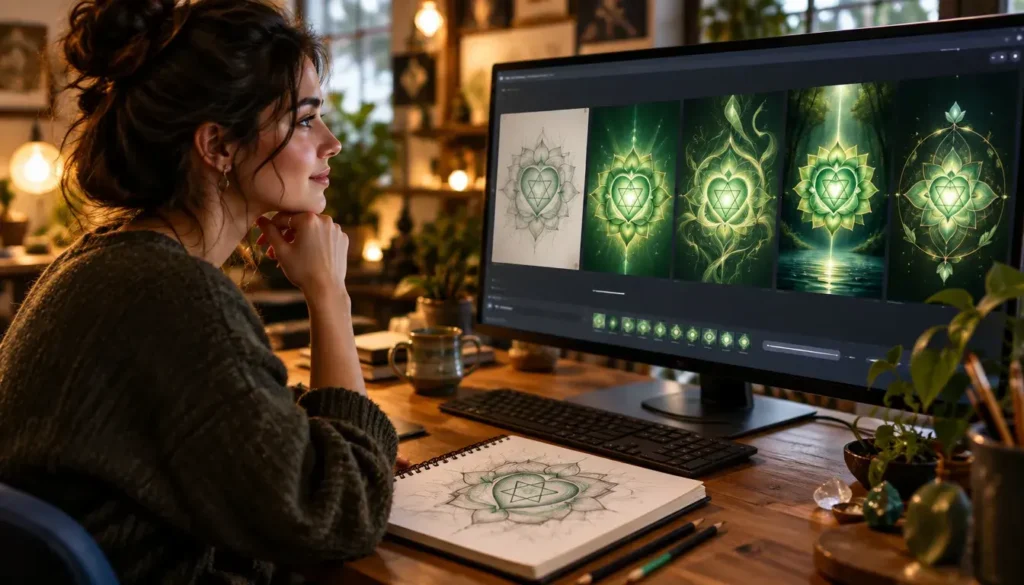 Designer using AI tools to transform a hand-drawn concept into digital artwork
