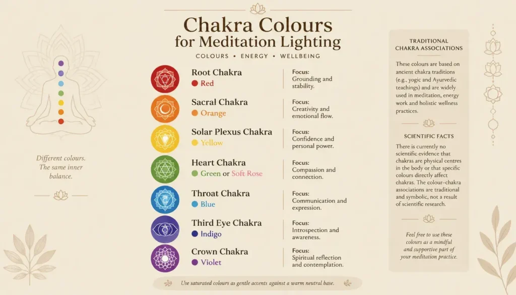 Infographic showing seven chakra colours and their associated meditation focuses.