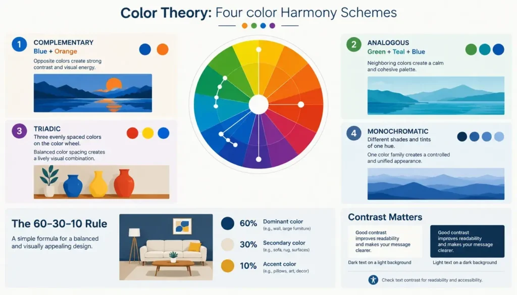 Color theory infographic showing complementary analogous triadic and monochromatic color schemes