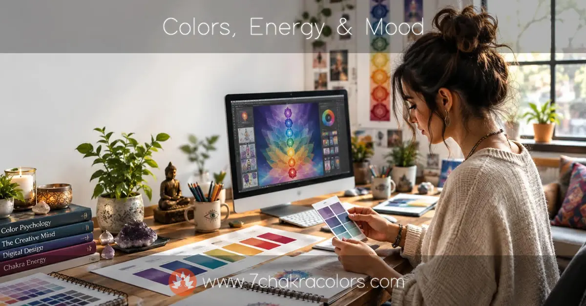 Graphic designer working with color palettes and chakra-inspired artwork