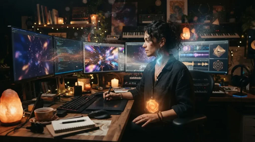 Creative person using digital tools surrounded by subtle sacral and throat chakra-inspired energy.