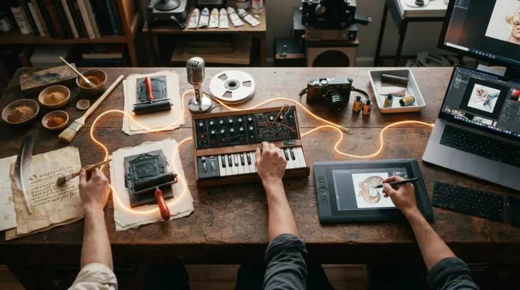 Traditional and digital creative tools connected by a glowing thread representing human creativity.