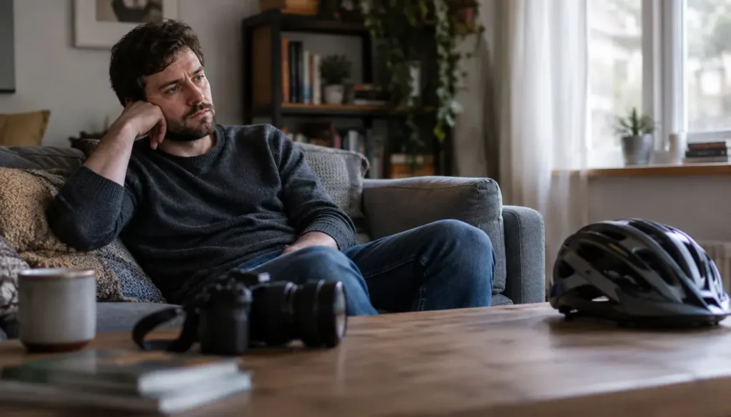 Person sitting quietly near an unused hobby item during emotional difficulty