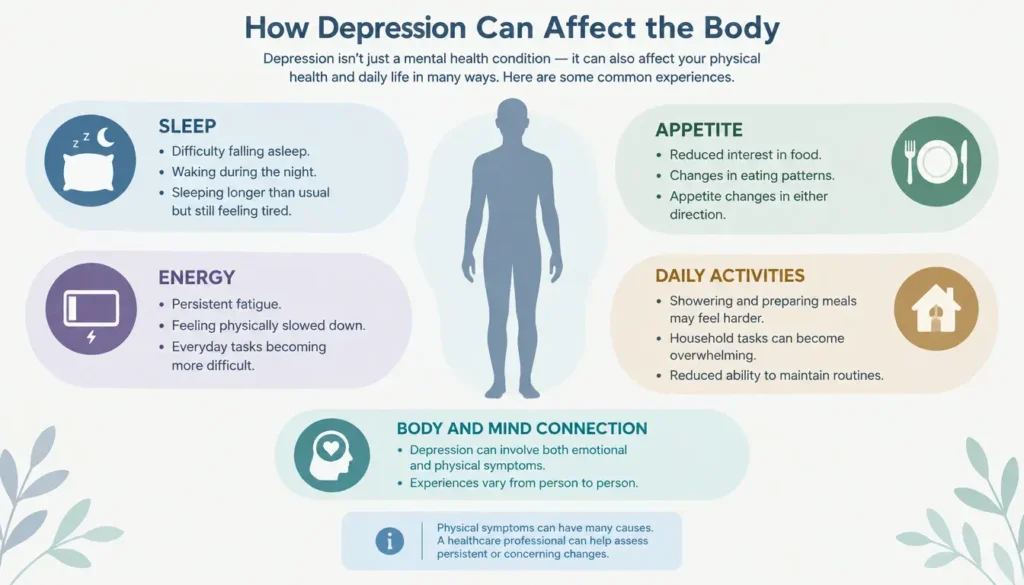 Infographic showing how depression can affect sleep appetite energy and daily activities