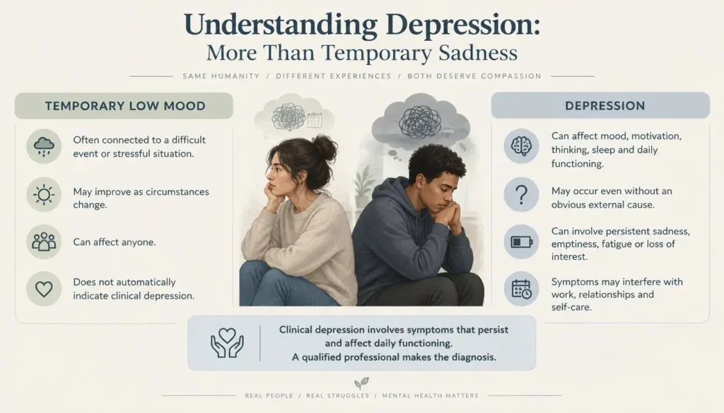 Infographic explaining the differences between temporary low mood and depression